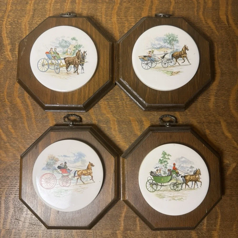 Set of 4 Vintage Horse Carriage Ceramic Tile Wood Wall Plaques 5.25